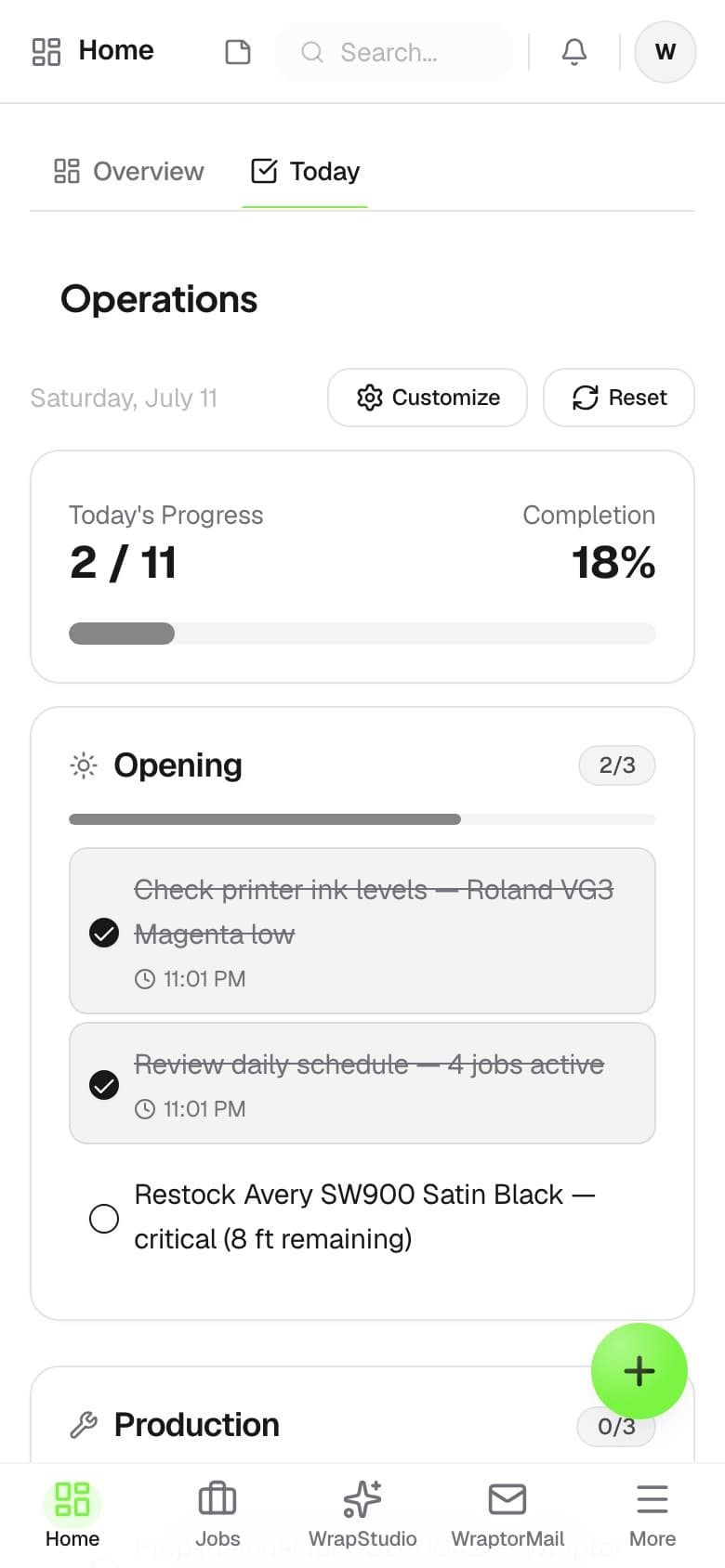 Wraptor Daily Ops screen showing Opening, Production, and Closing checklists with progress bars (mobile)