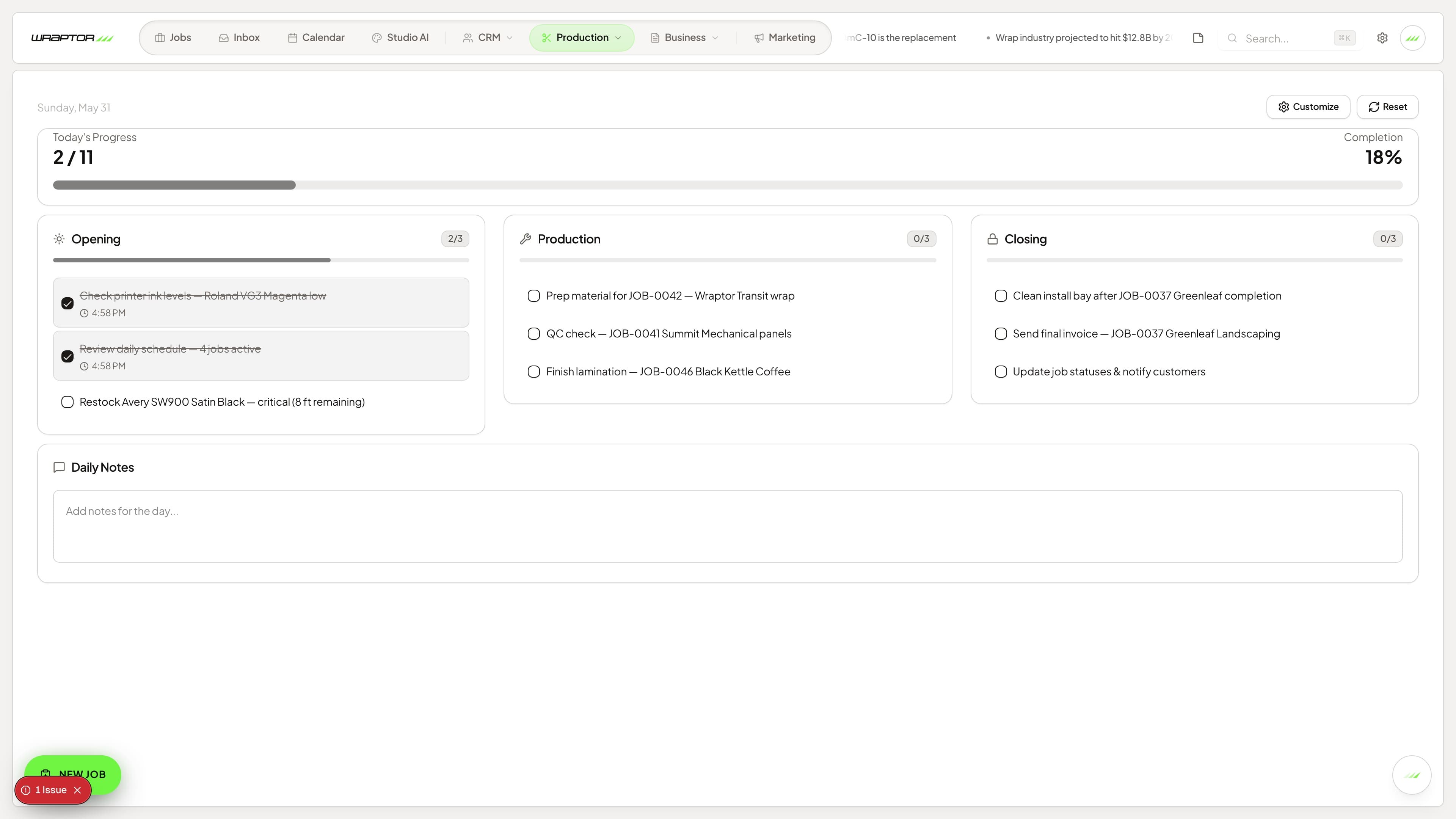 Wraptor Daily Ops screen showing Opening, Production, and Closing checklists with progress bars