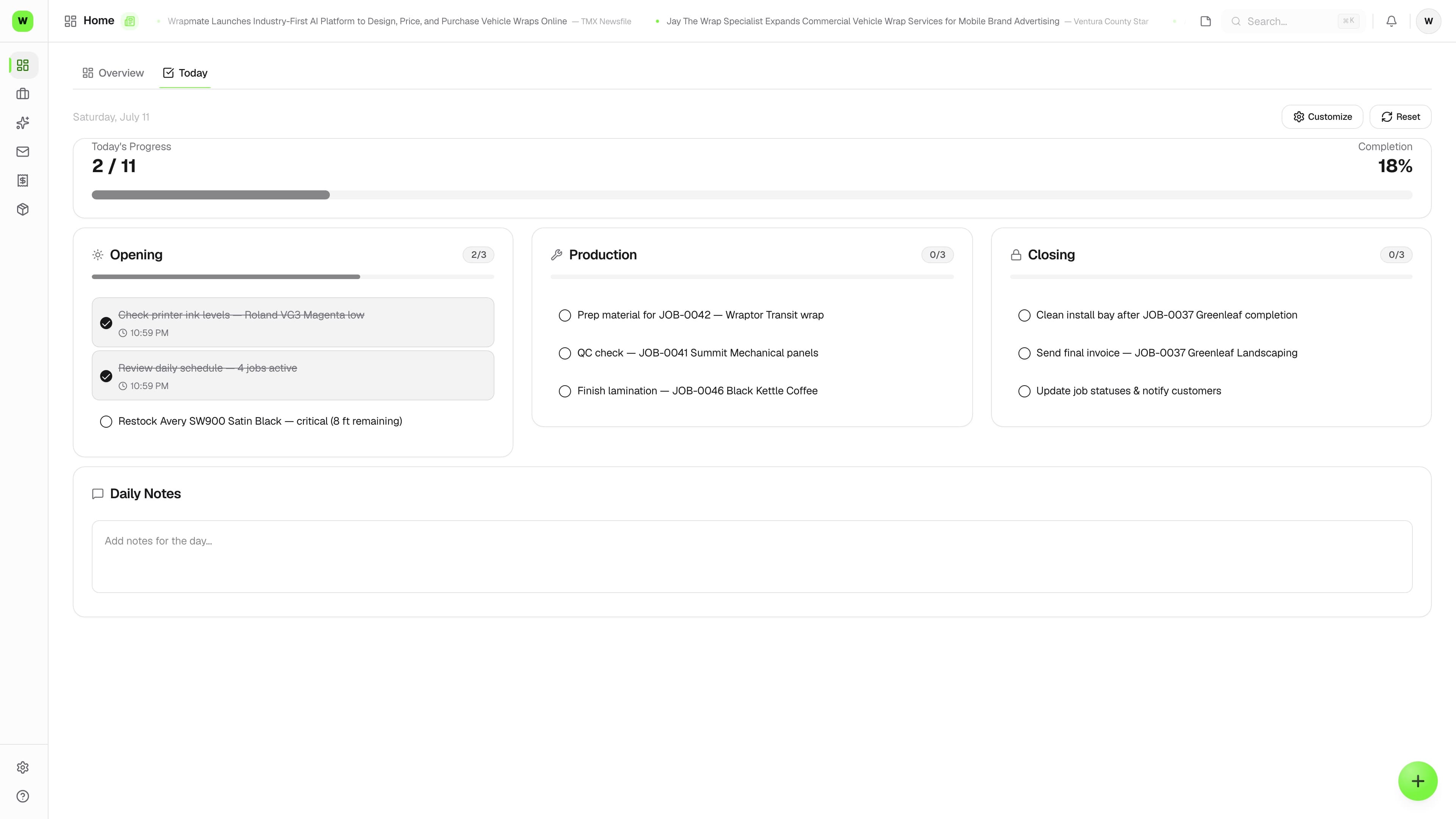 Wraptor Daily Ops screen showing Opening, Production, and Closing checklists with progress bars