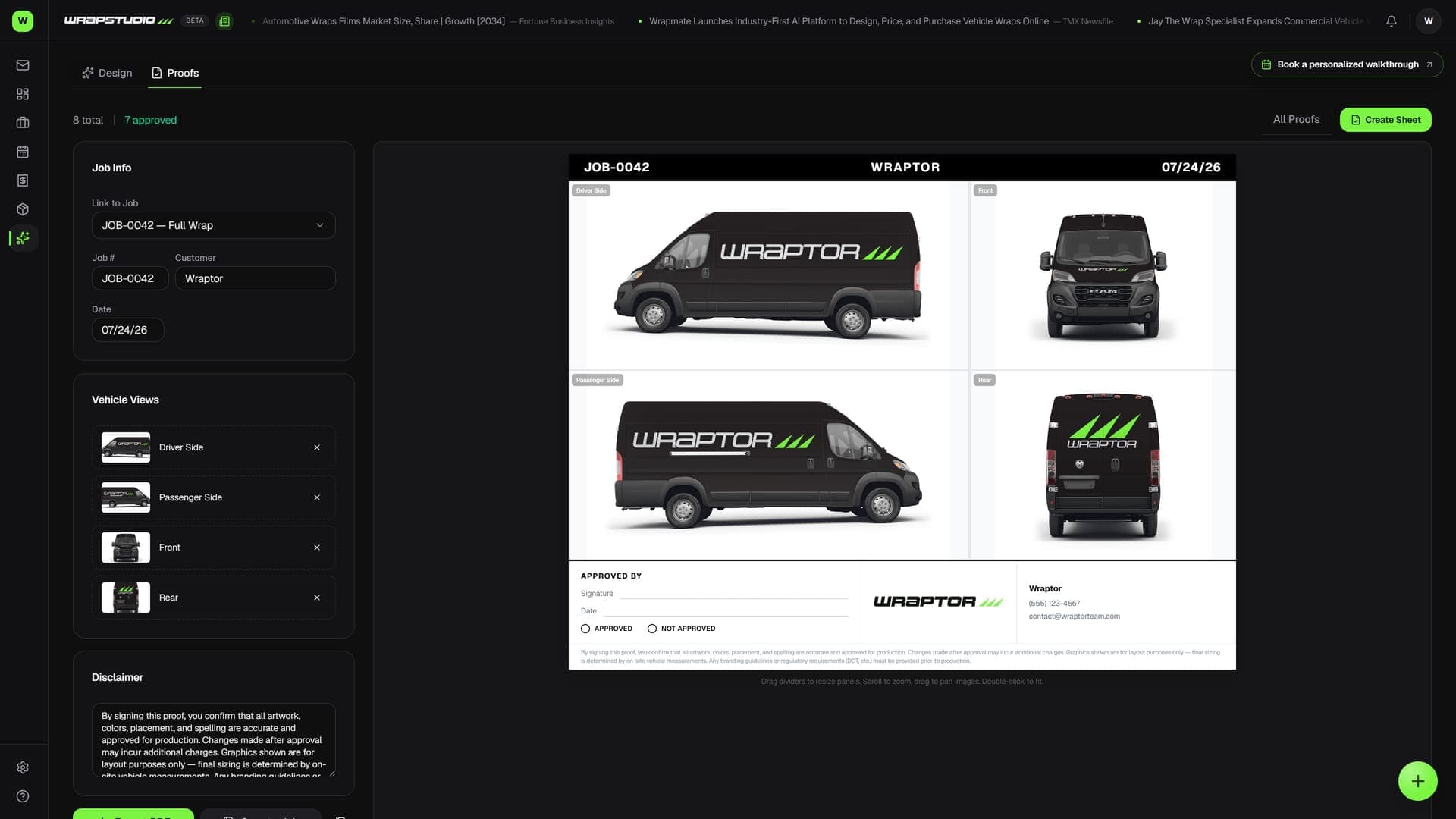 Wraptor proofing view with pinned client comments on a wrap mockup (dark mode)