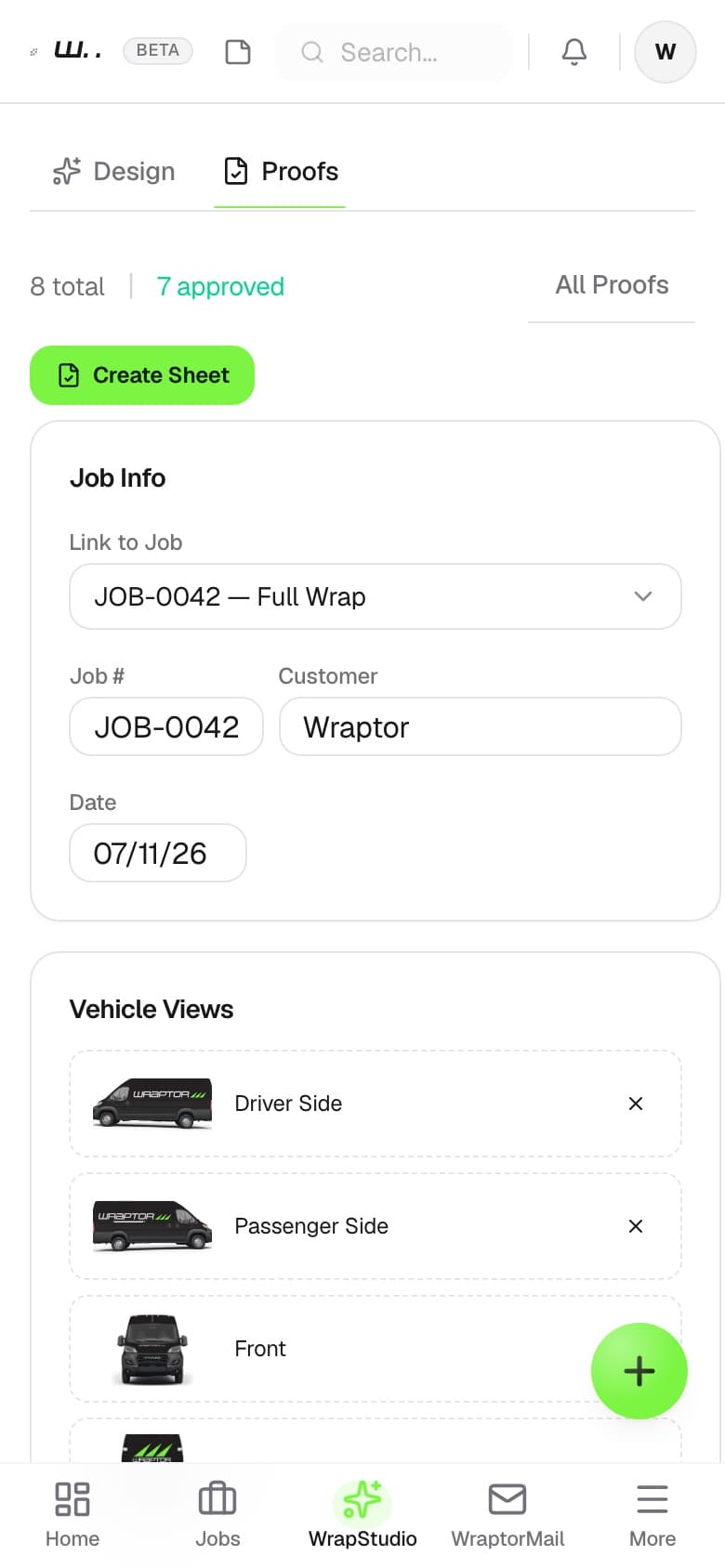 Wraptor proofing view with pinned client comments on a wrap mockup (mobile)