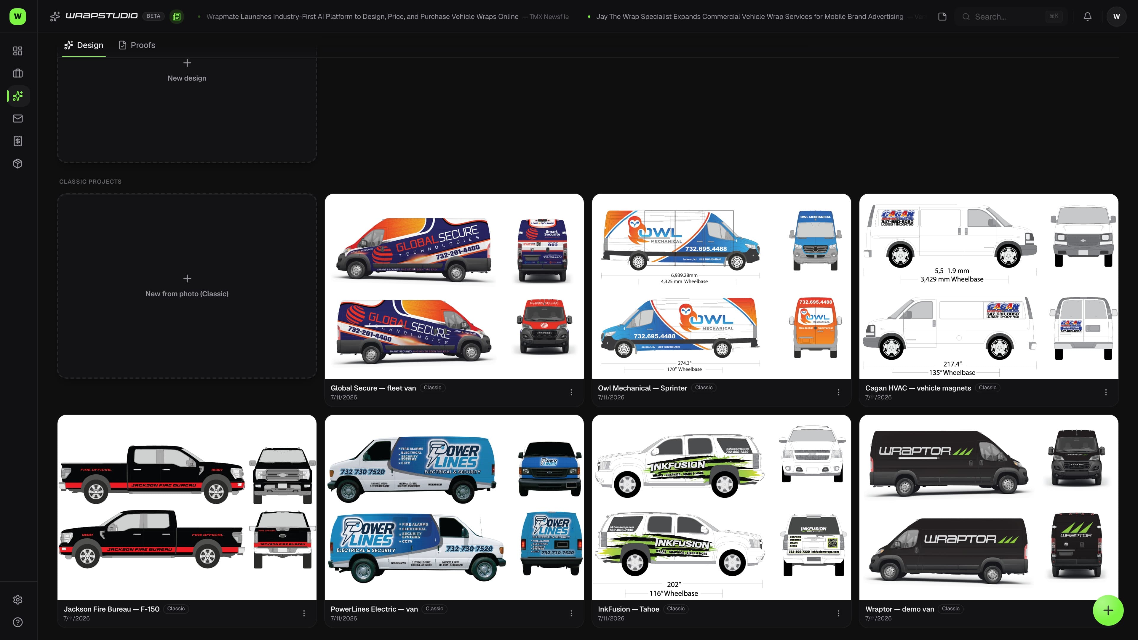 Wraptor Wrap Studio interface showing AI background swap on a vehicle wrap install photo (dark mode)
