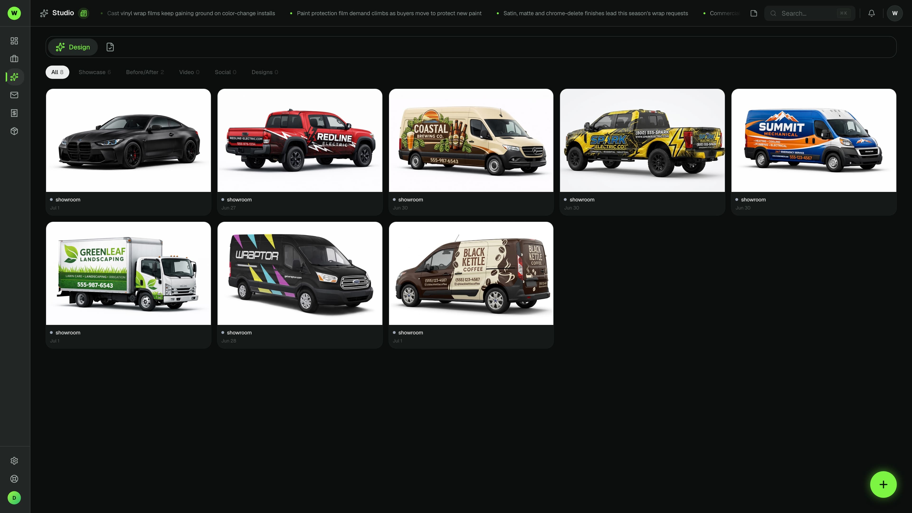 WrapStudio design editor showing a van-side wrap design with panels and cut lines (dark mode)