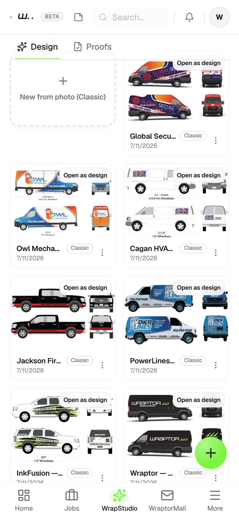 Wraptor Wrap Studio interface showing AI background swap on a vehicle wrap install photo (mobile)