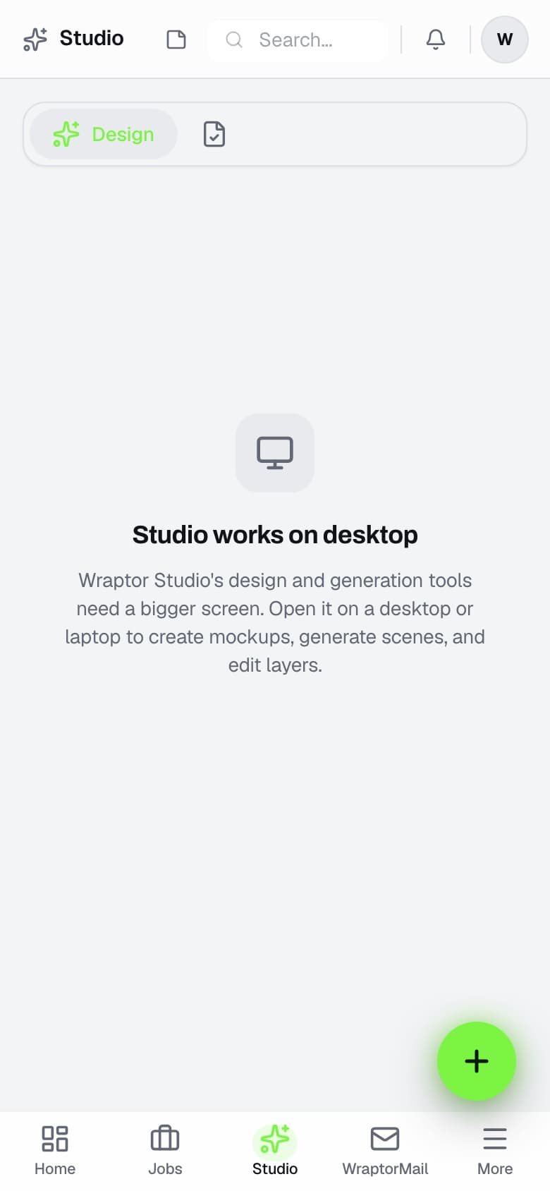 WrapStudio design editor showing a van-side wrap design with panels and cut lines (mobile)
