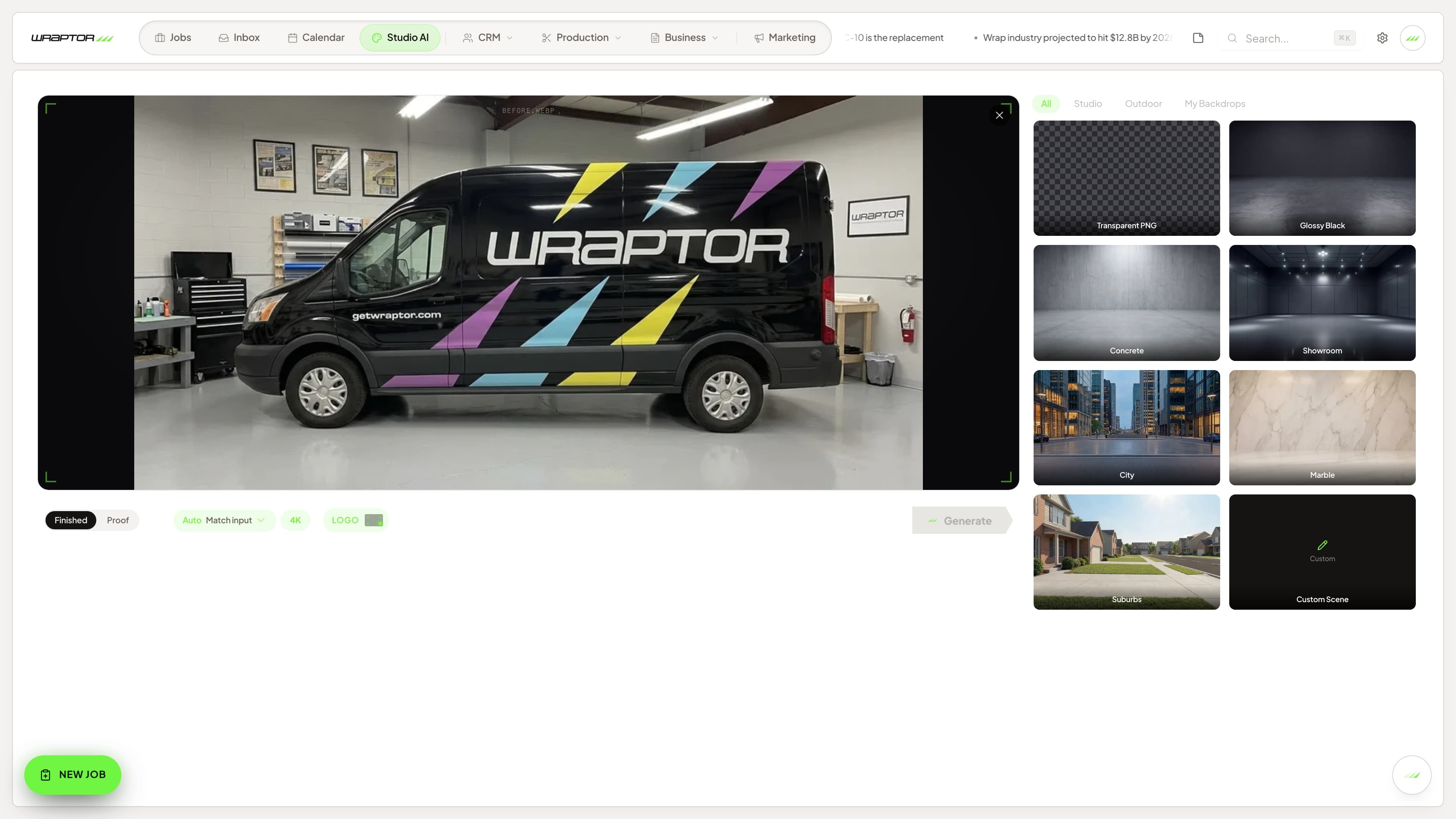 Wraptor Designs order configurator showing package tiers, vehicle details, and a running subtotal