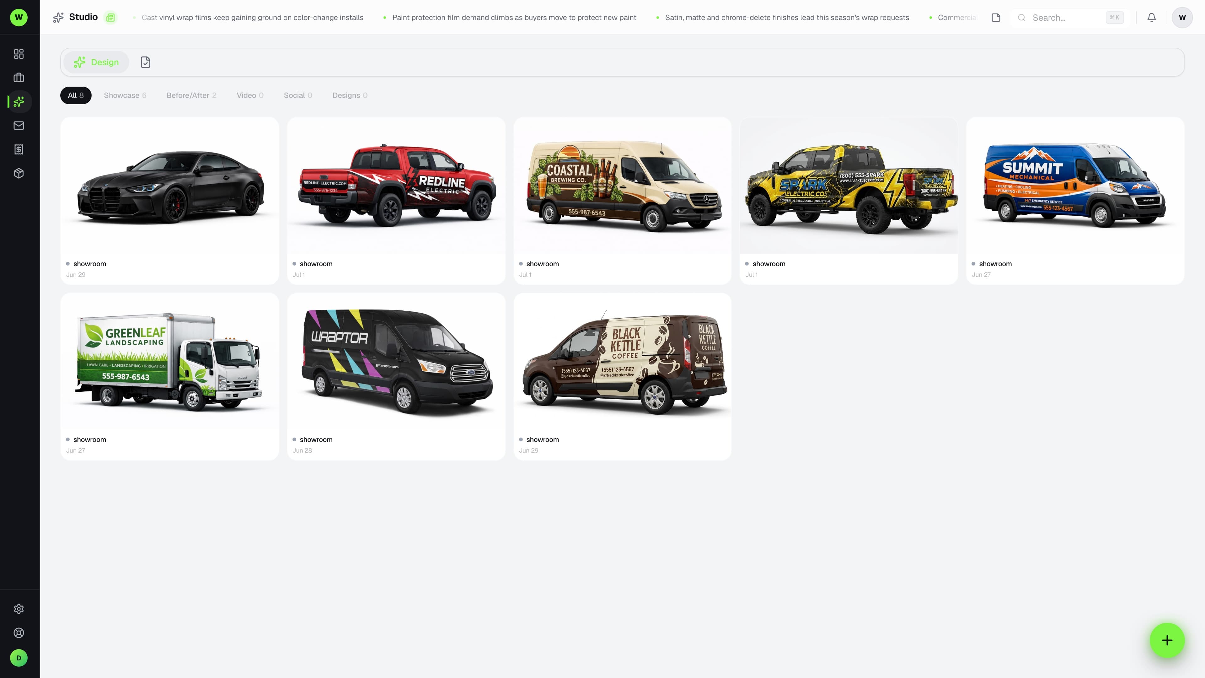 WrapStudio design editor showing a van-side wrap design with panels and cut lines
