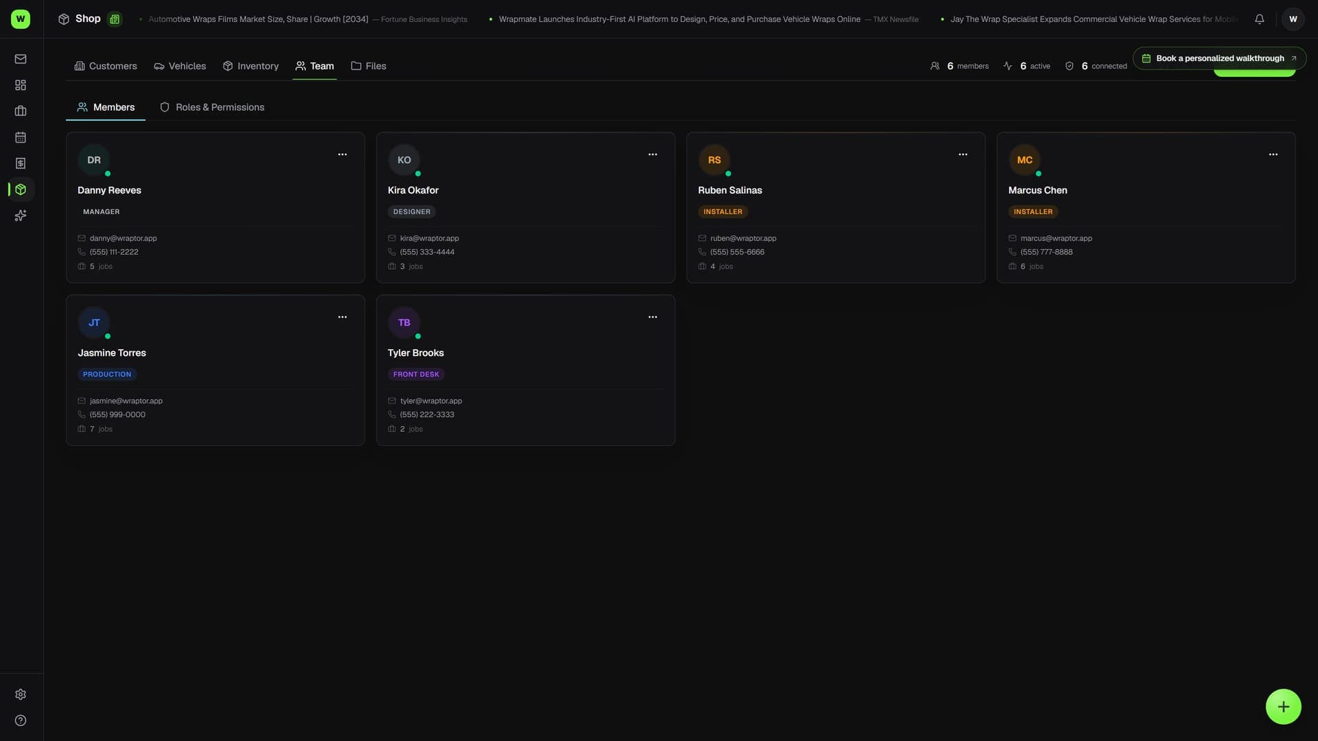 Wraptor team management dashboard showing role assignments, installer schedule, and workload distribution (dark mode)