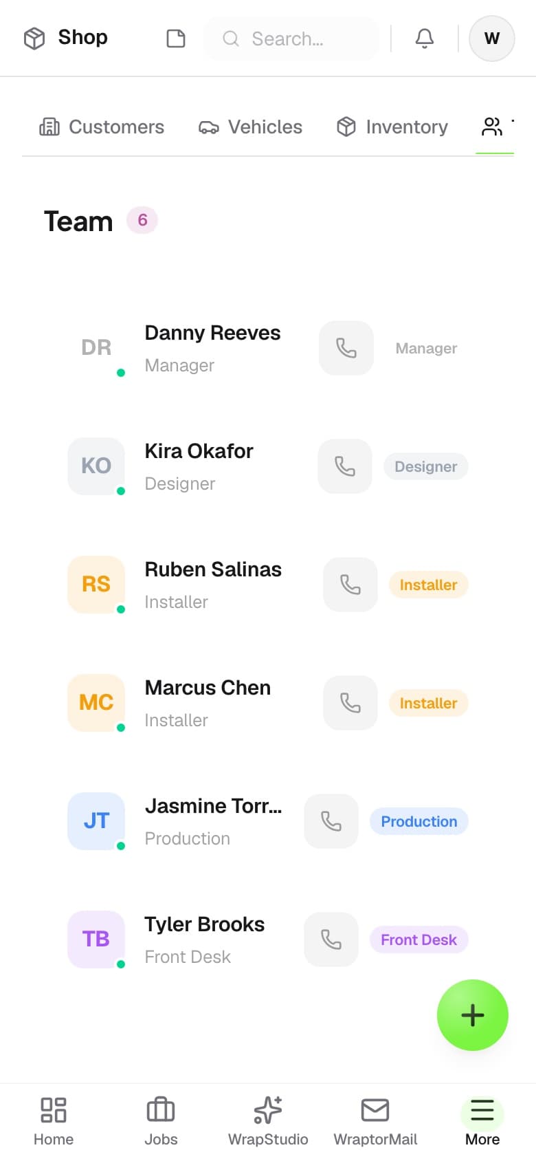 Wraptor team management dashboard showing role assignments, installer schedule, and workload distribution (mobile)