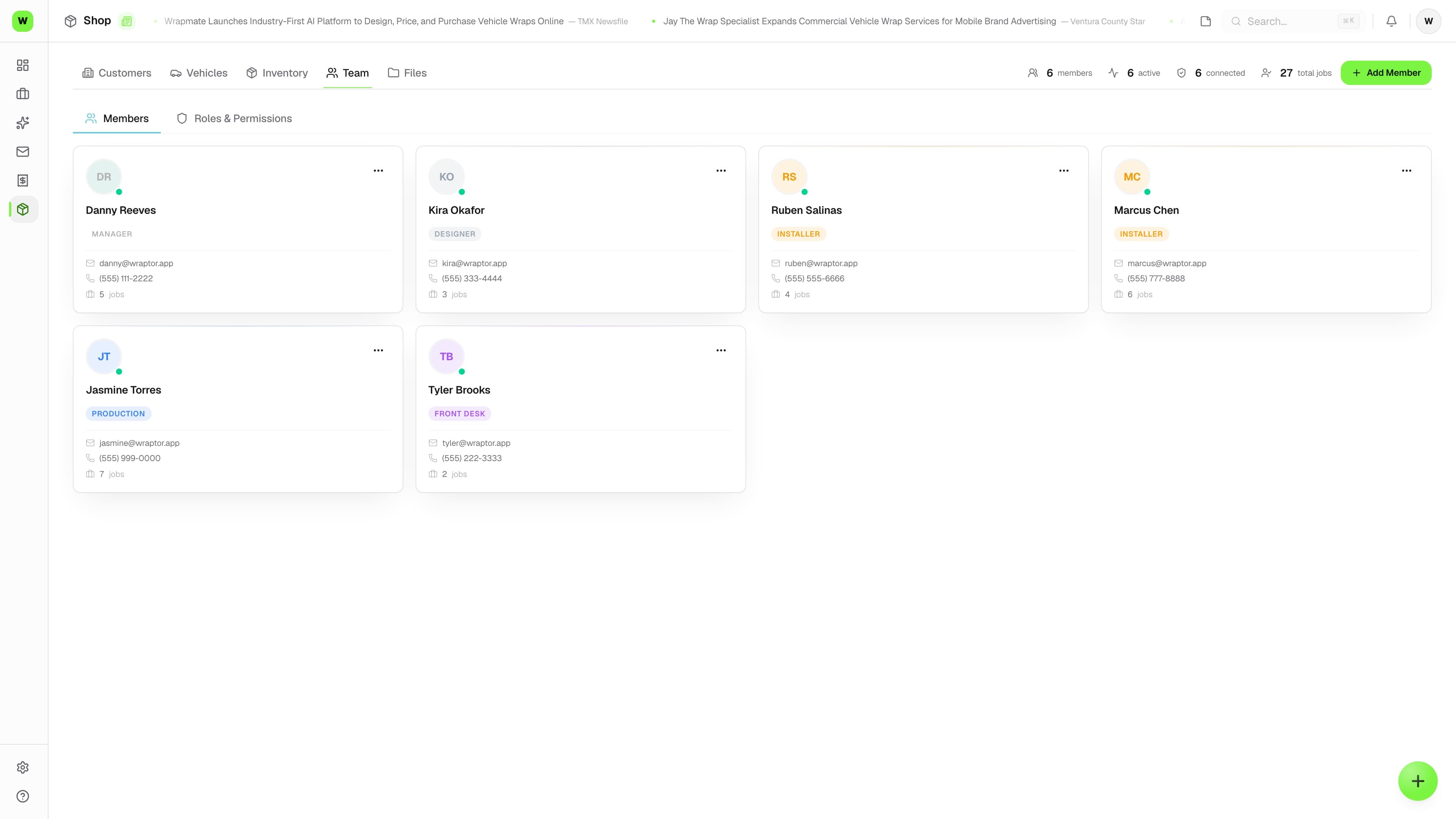 Wraptor team management dashboard showing role assignments, installer schedule, and workload distribution