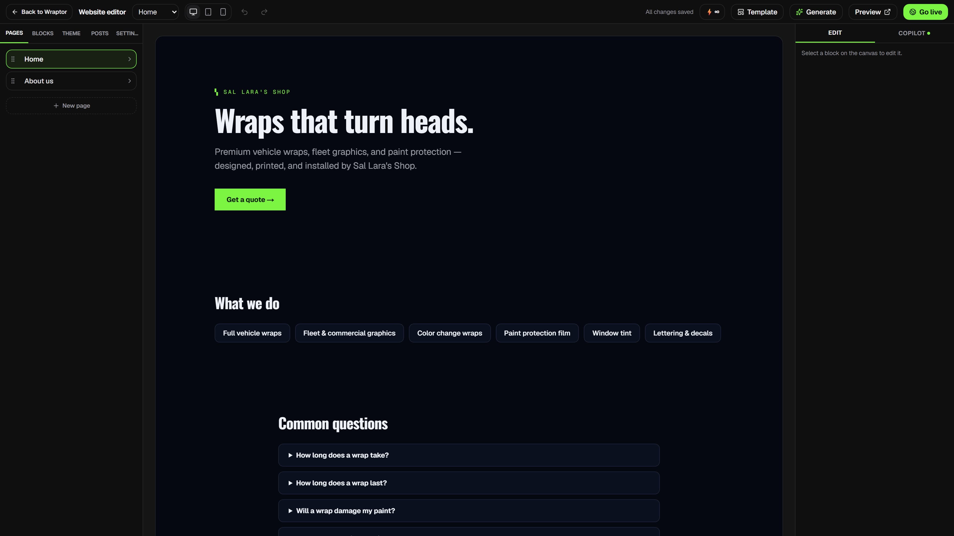 Wraptor website builder showing a wrap shop site in the live canvas editor (dark mode)