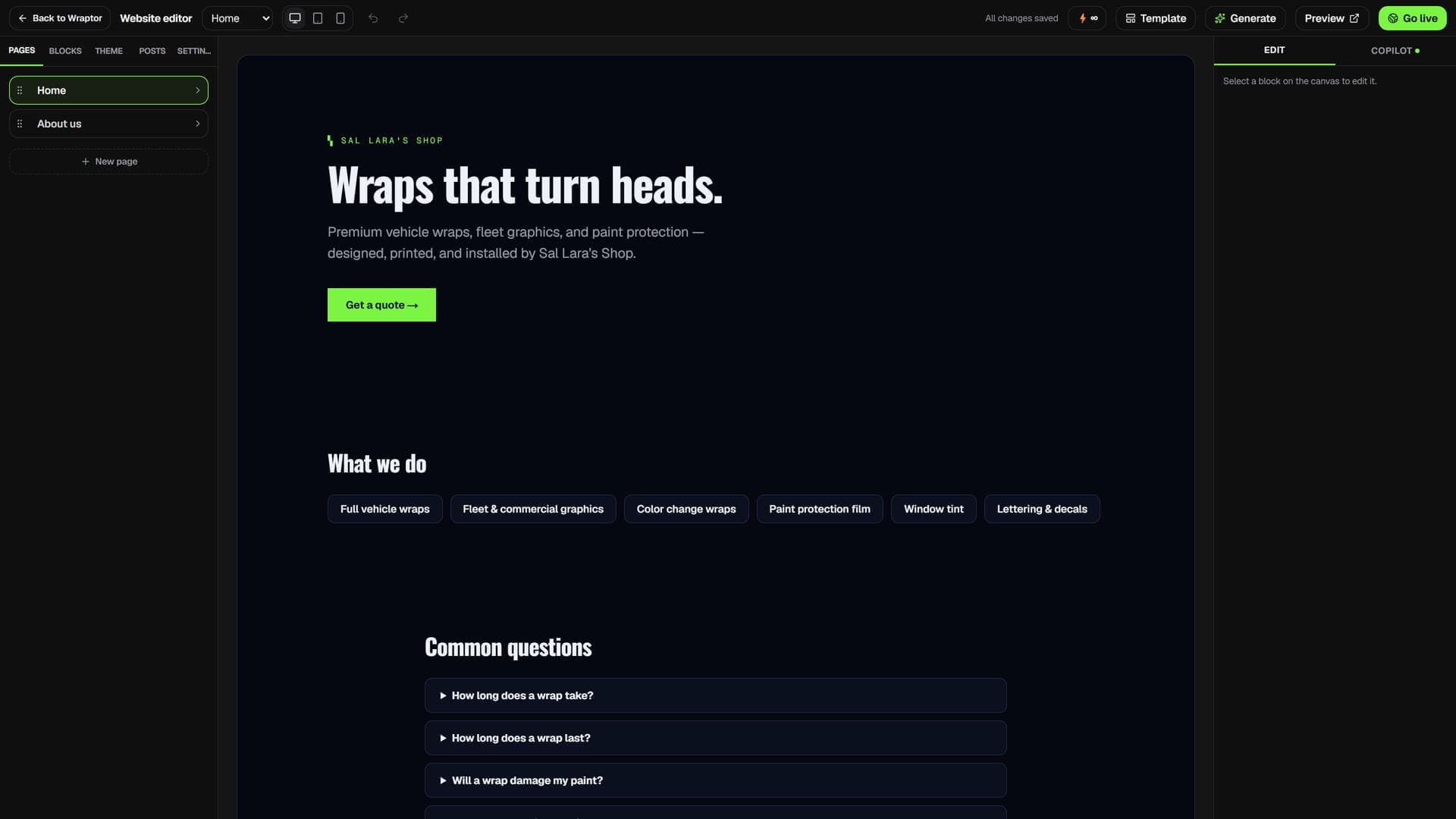 Wraptor website builder showing a wrap shop site in the live canvas editor (dark mode)