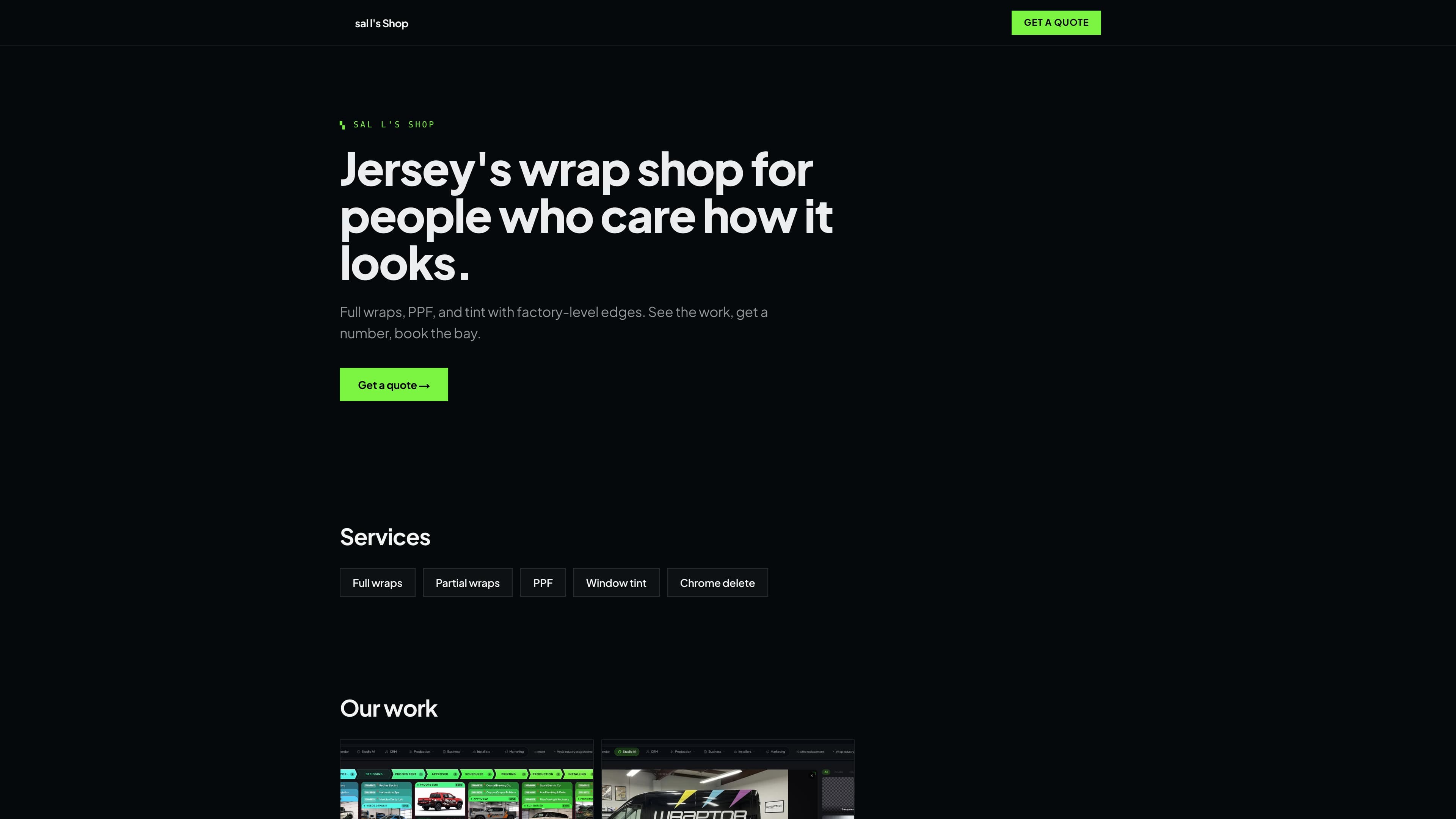 Wraptor website builder showing a wrap shop site in the live canvas editor (dark mode)