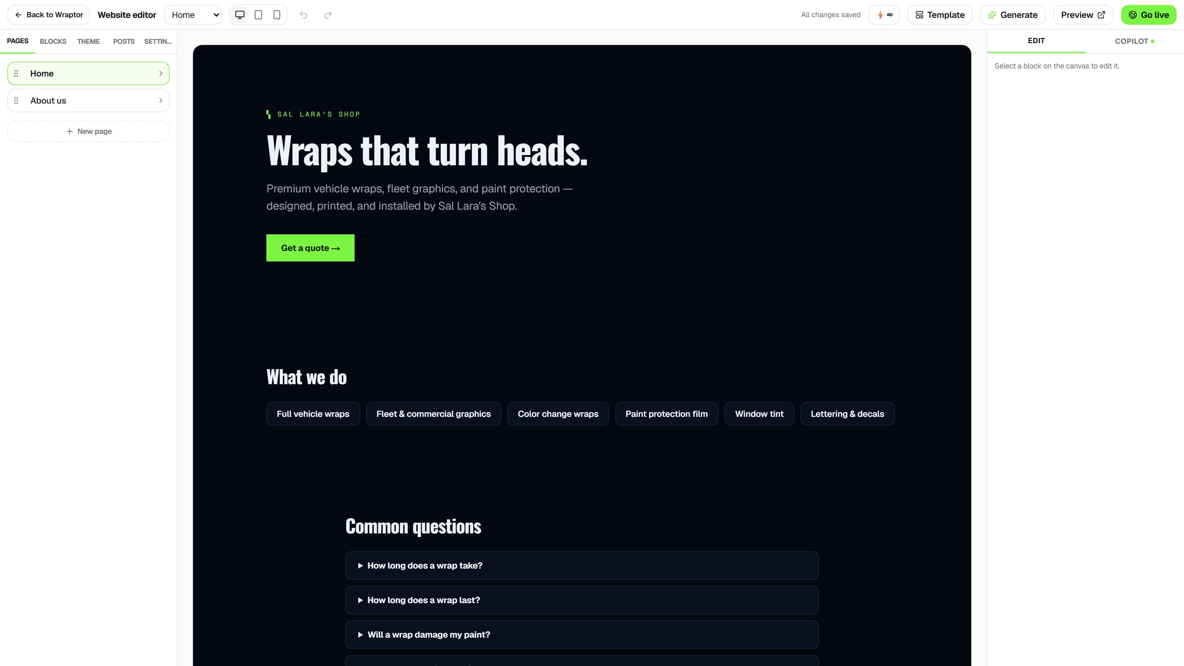 Wraptor website builder showing a wrap shop site in the live canvas editor