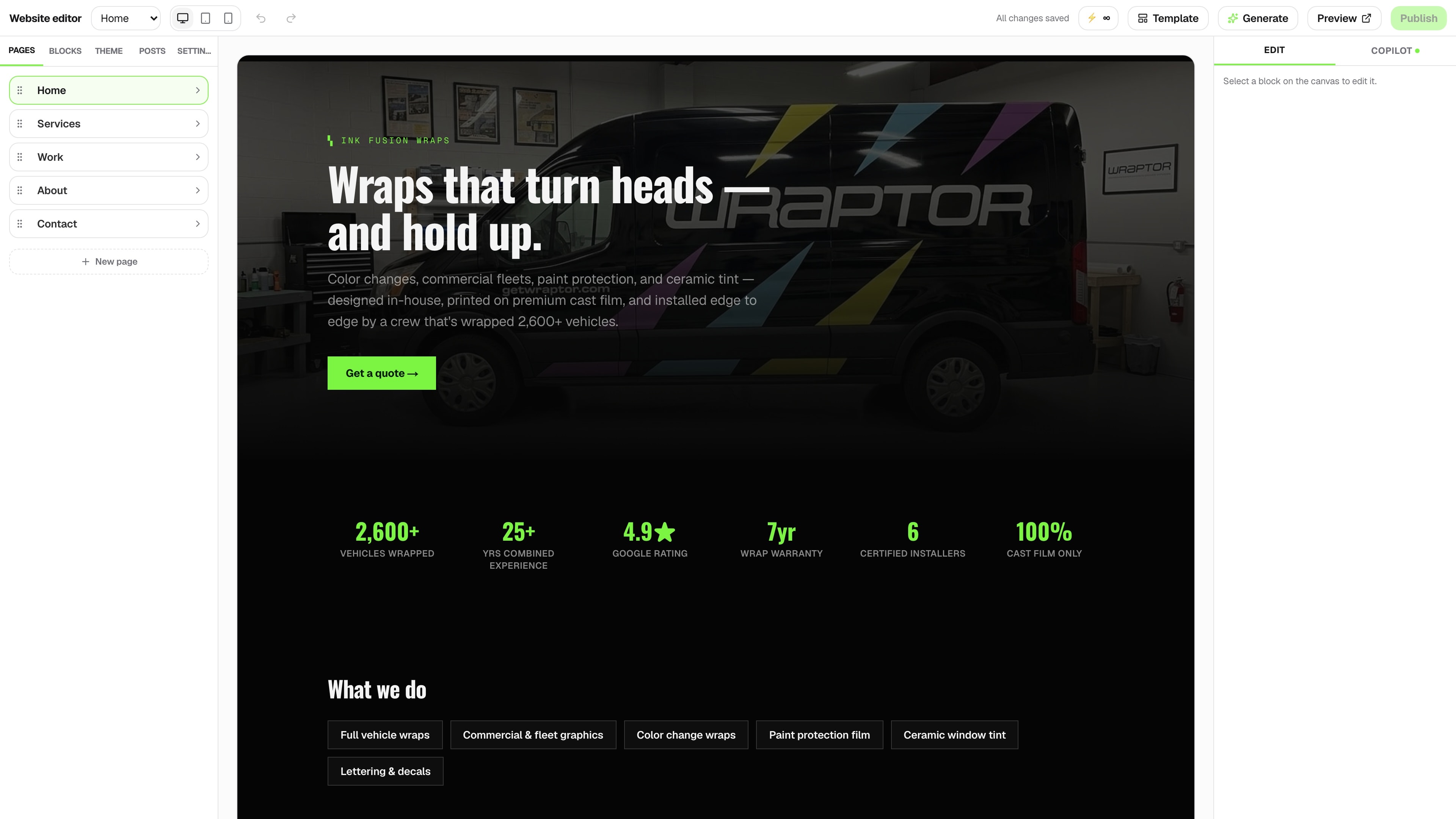 Website builder — the real Wraptor screen