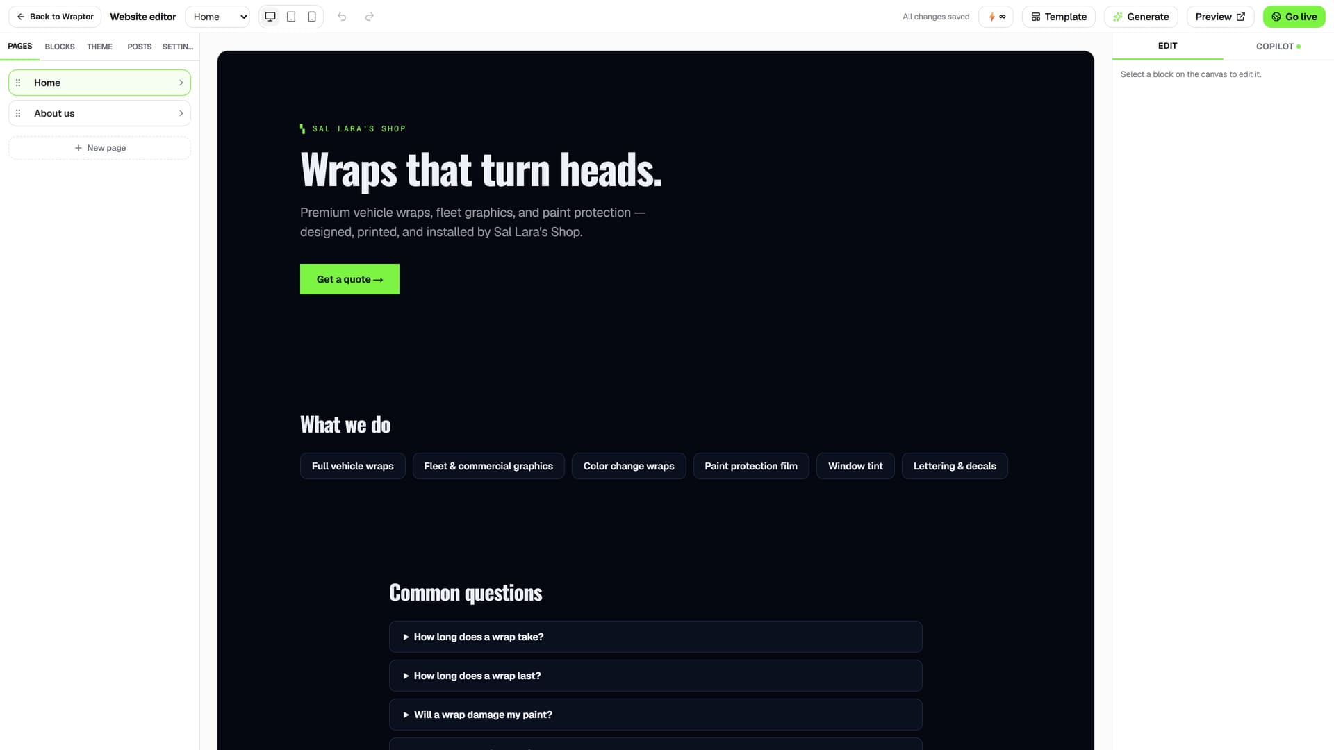 Website builder — the real Wraptor screen