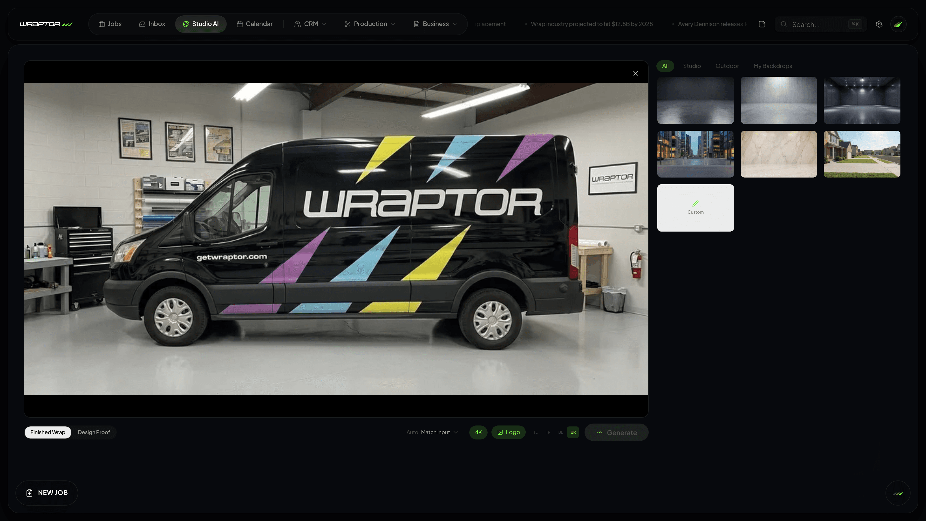 Wraptor built-in AI tools for email drafting, wrap mockups, logo vectorization, and lead detection