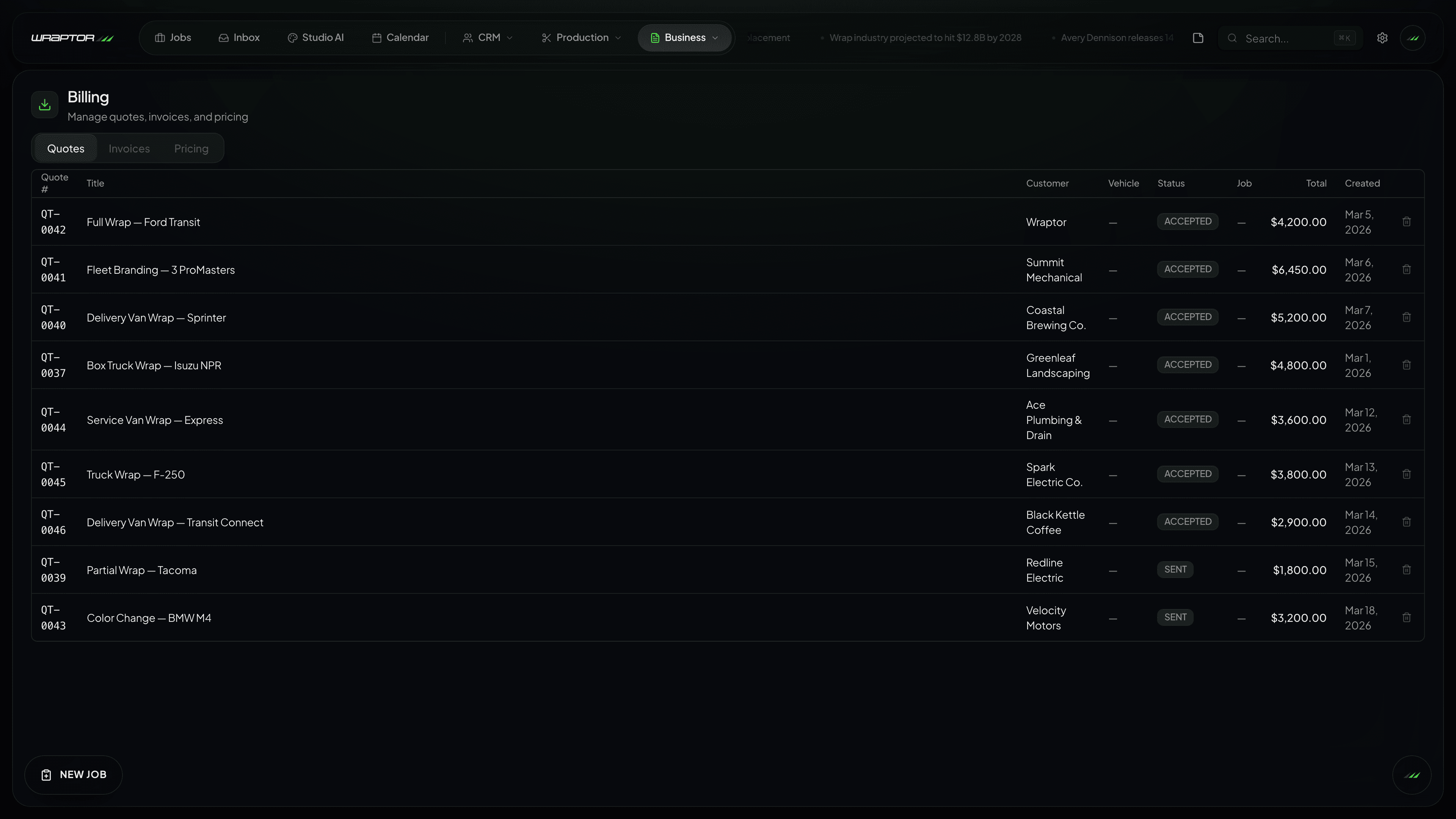 Wraptor Billing - vehicle wrap shop management software desktop view