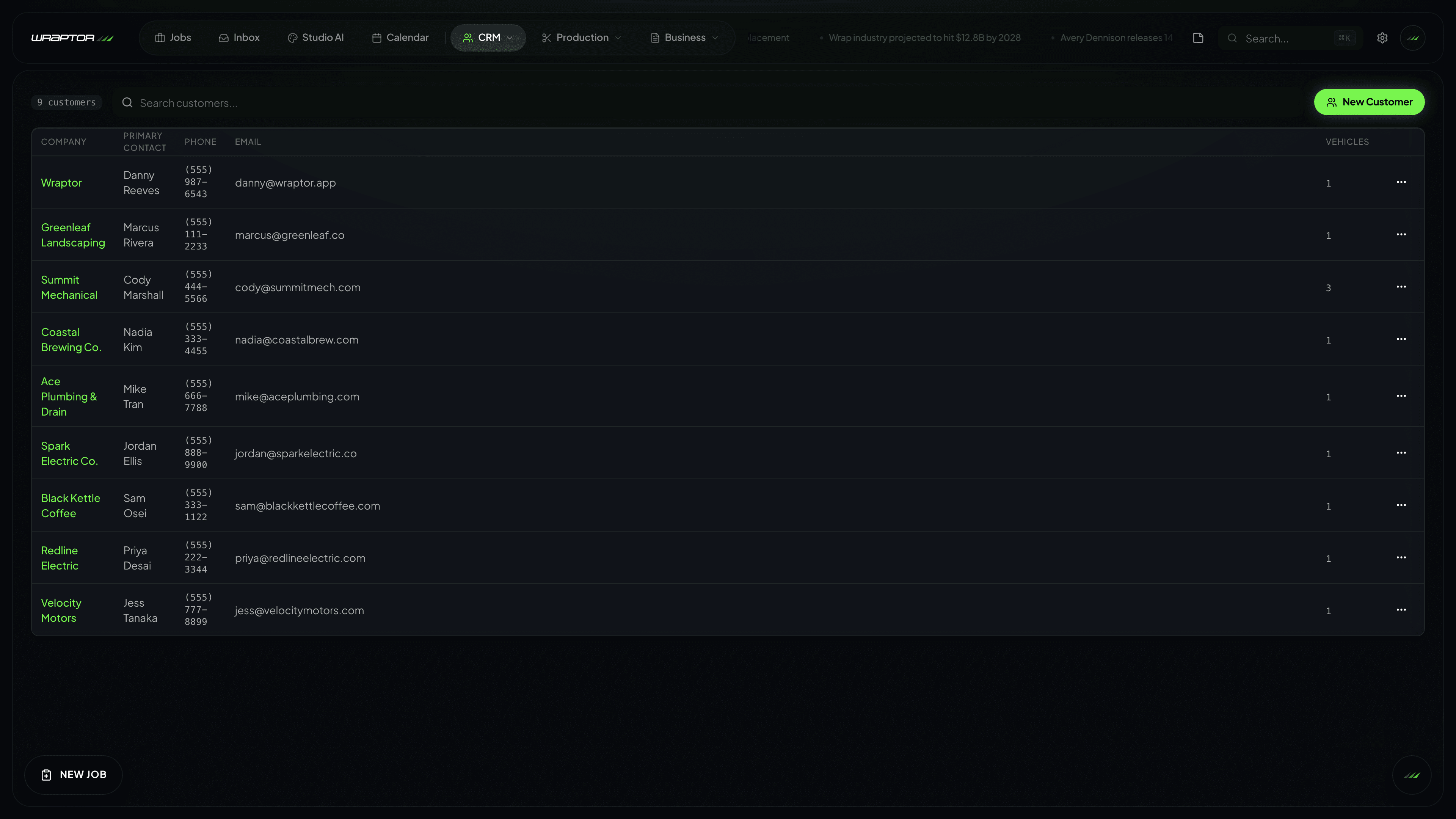 Wraptor CRM dashboard with customer profiles, vehicle fleets, and job history