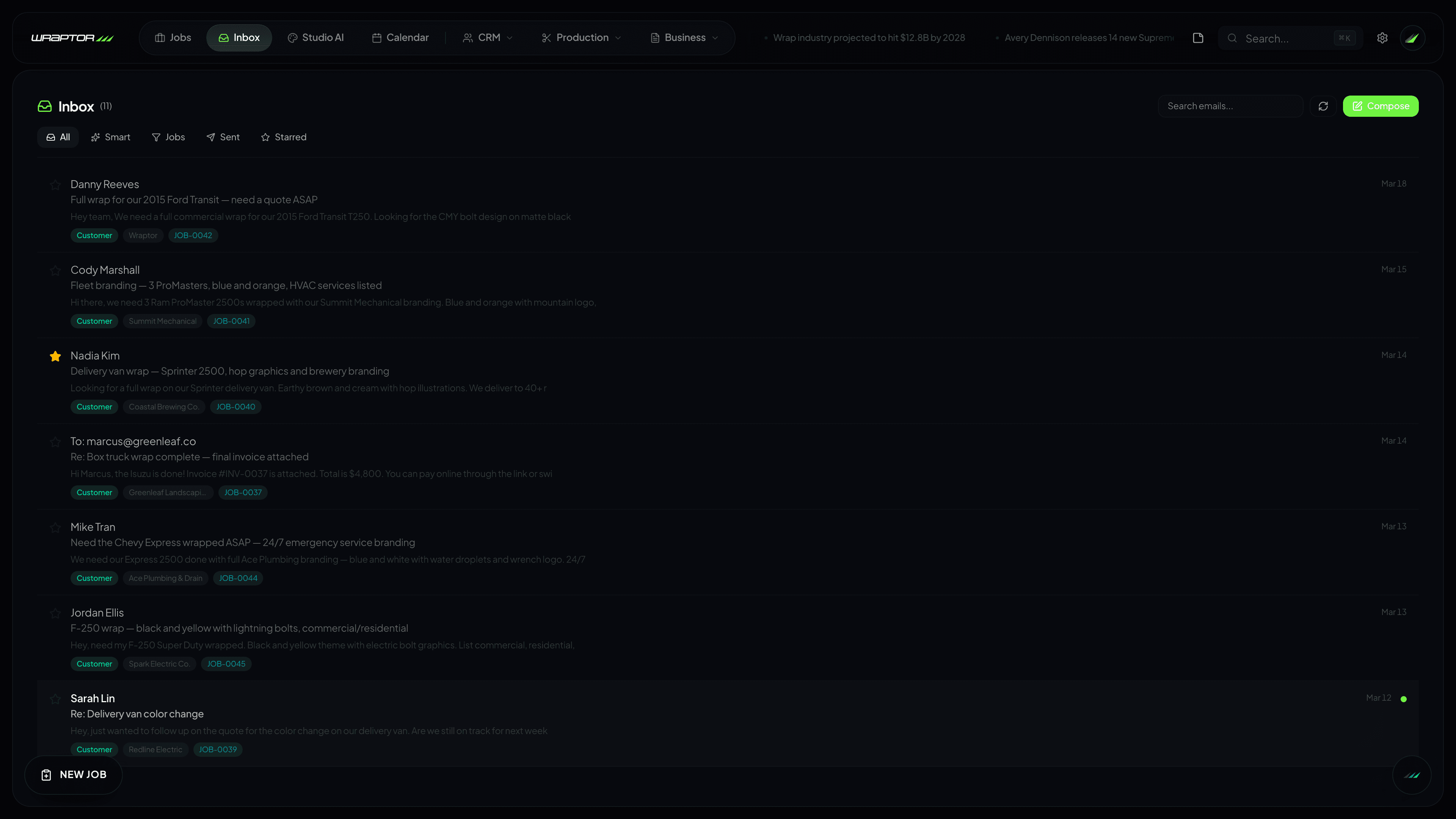 Wraptor Inbox - vehicle wrap shop management software desktop view