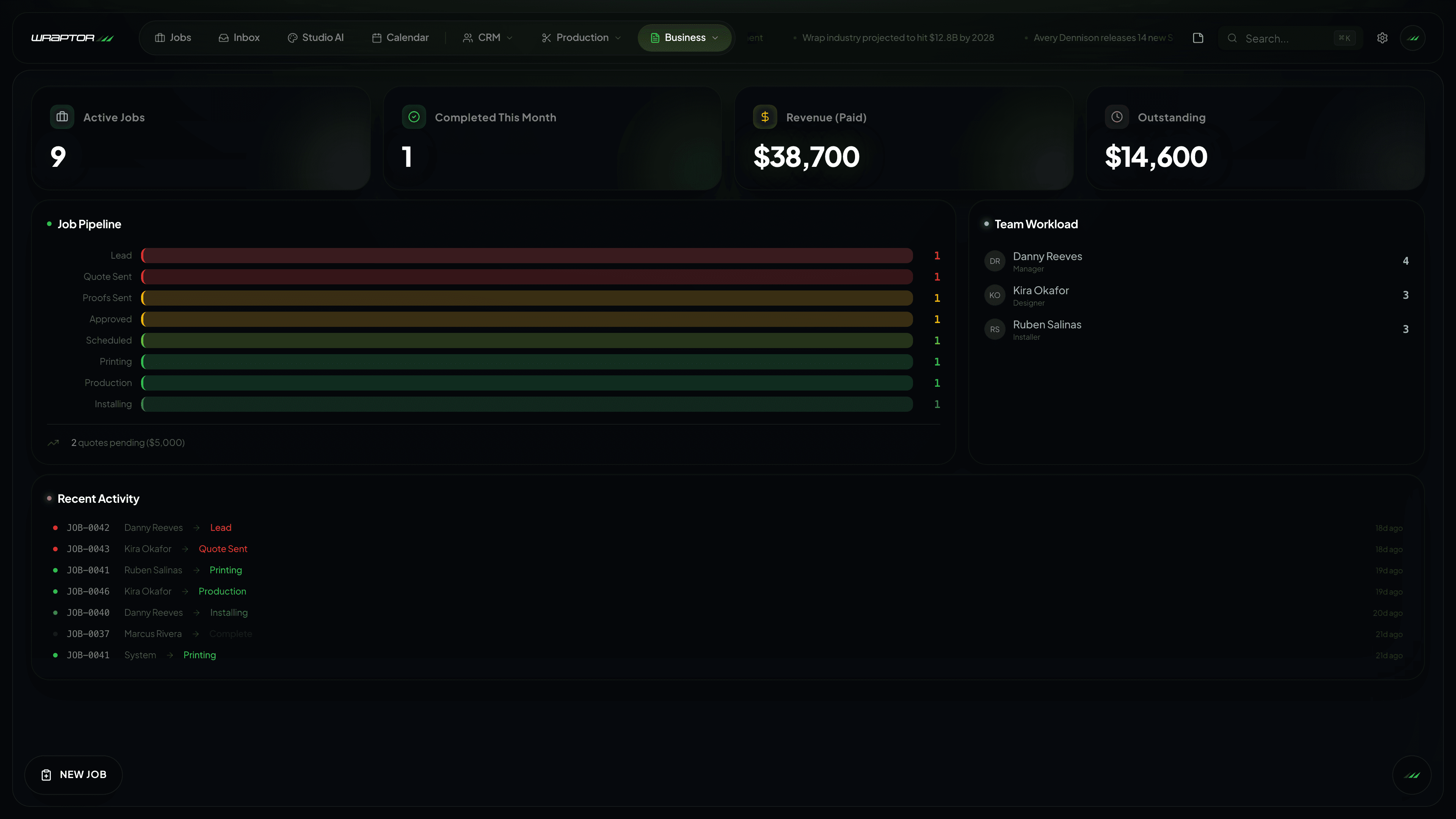 Wraptor Overview - vehicle wrap shop management software desktop view
