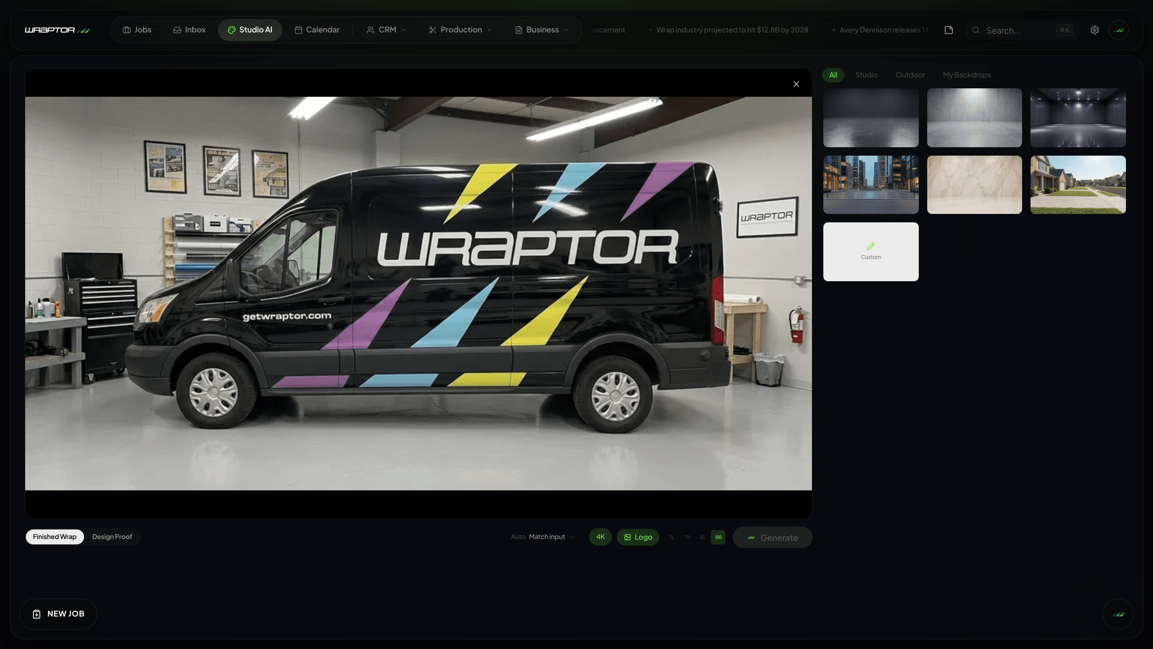 Wraptor AI Studio - vehicle wrap shop management software desktop view
