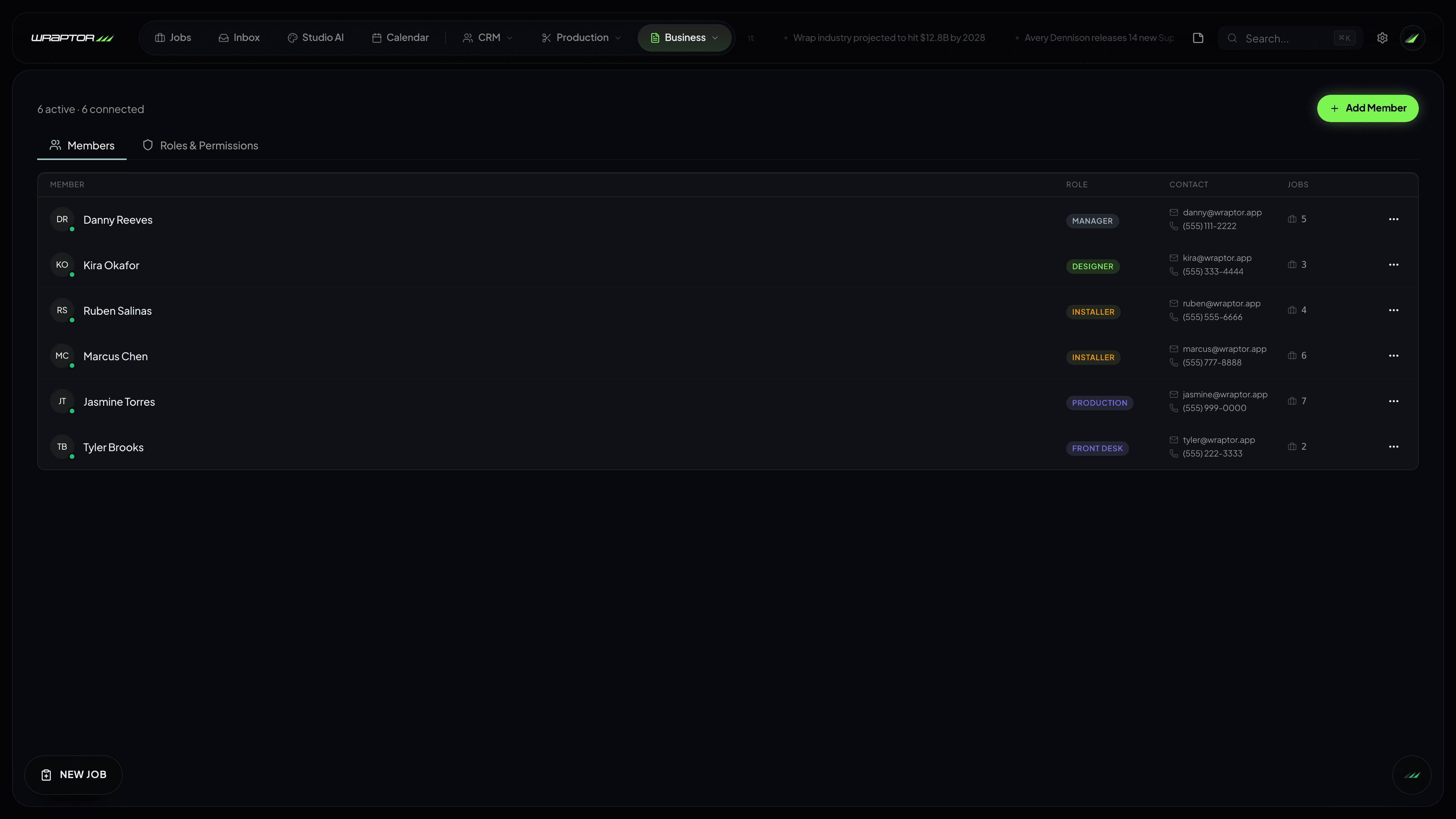 Wraptor team management with role-based permissions for owners, managers, designers, and installers